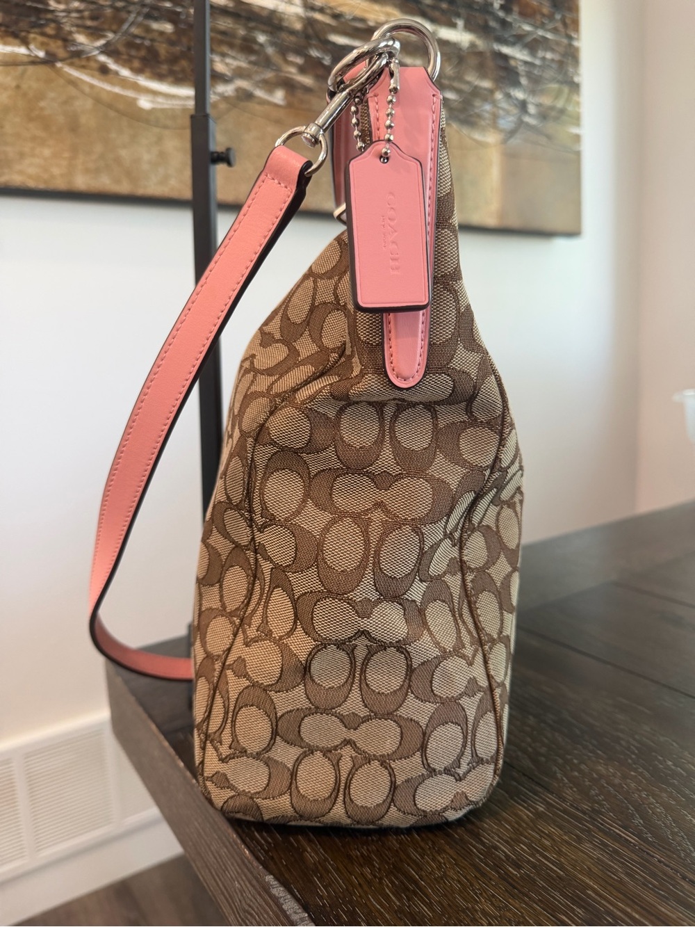 Coach Celeste Signature Canvas Hobo Bag with Pink Leather. Style F58327 - Picture 3 of 7